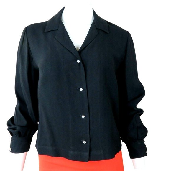 Vintage 70s Koret of California Black Button Up Blouse M Crystal Buttons Retro - Picture 9 of 12